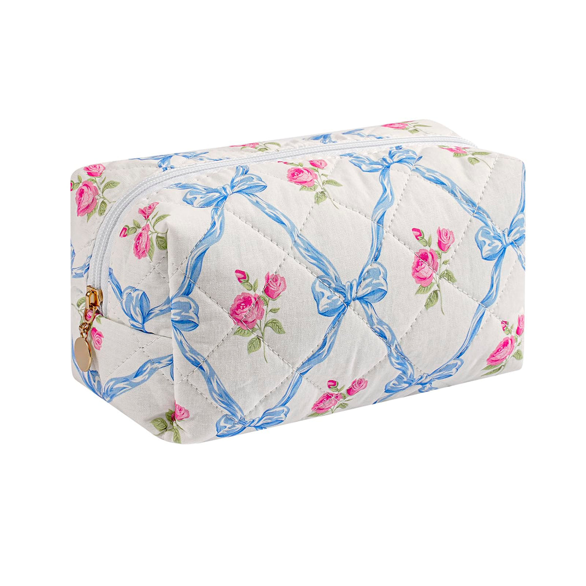 JOVAKIT Square Makeup Bag Cute Cosmetic Bag for Women, Floral Coquette Aesthetic Toiletry Bag, Zipper Make Up Pouch, Travel Make Up Organizer Bag (Blue Bowknot)