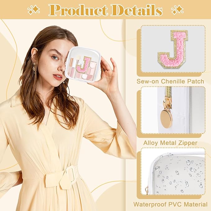 Personalized Initial Letter Clear Preppy Makeup Bag,Mini Nylon Chenille Letter Cosmetic Bag Cute Zipper Pouch Purse for Teen Girls,Portable TSA Approved Beach Travel Essentials Bag Gift for Women,J