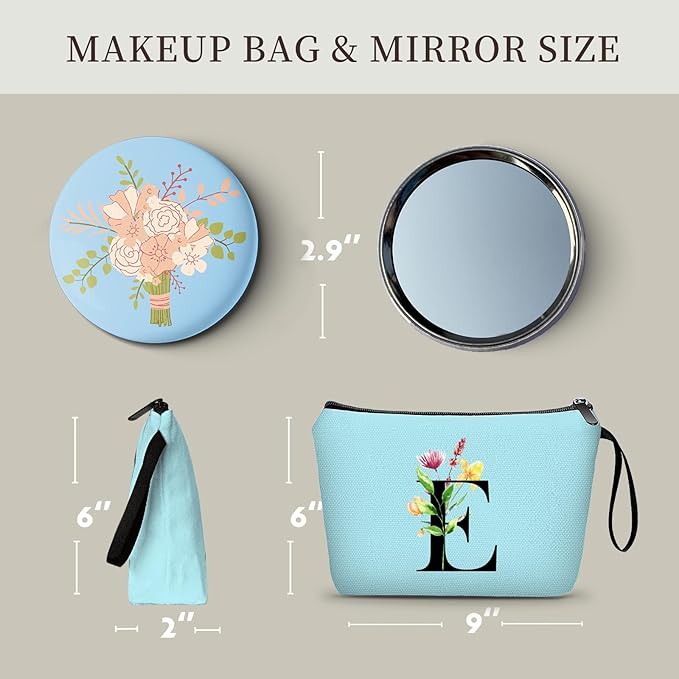 Women Birthday Unique Bride to be Bridal Shower Initial Gifts for Mom Sister Friend Her Teacher Aunt Makeup Cosmetic Bag with Mirror Mothers Day Christmas Graduation E