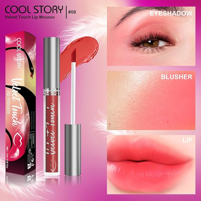 COOL STORY Waterproof Matte Lip Mud Lip Mousse,Vibrant Orange‑Red Pigmented Lipstick, Non‑Fade Long‑Wearing Velvet Lip Cosmetic for All Skin Tones,Shade #08 Citrus Pop