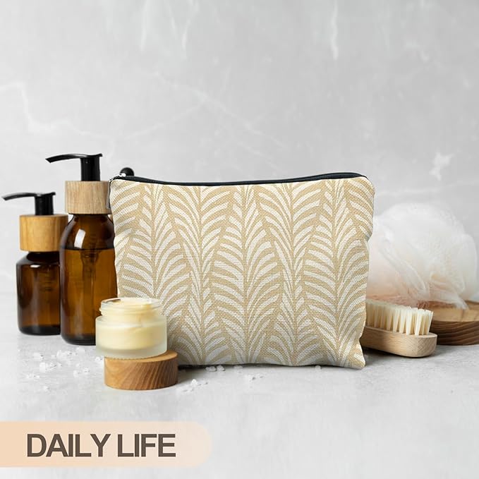 RYYCDOI Boho Beige Leaf Makeup Bag, Neutral Block Print Leaves Cosmetic Bags for Women, Minimalist Beige Botanical Zipper Makeup Pouch