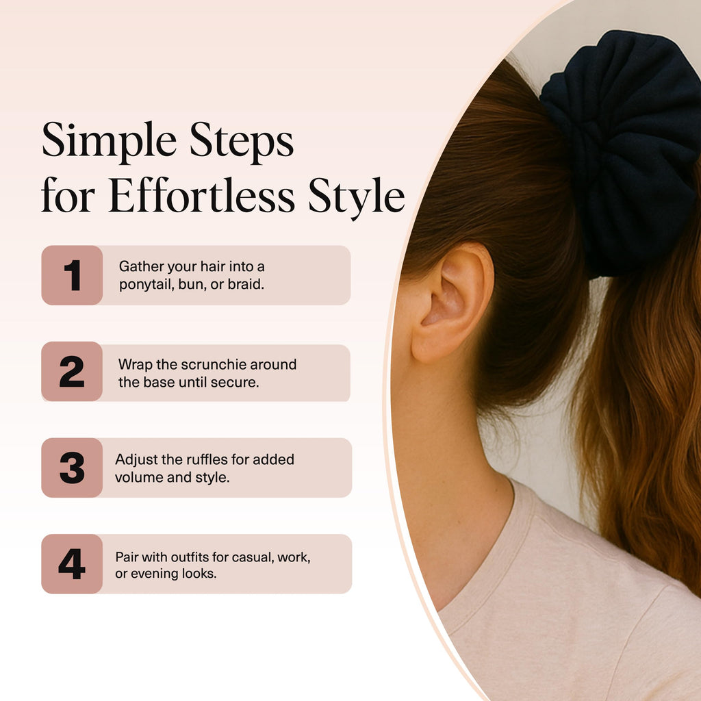 Kitsch Ruffle Satin Scrunchies For Women - Gentle Hair Tie - Black, 1pc