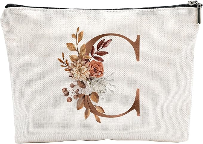 YKYENR A-Z Boho Personalized Cosmetic Bag-Floral Cotton Letter Makeup Bag With Zipper-Artistic Cosmetic Bag For Travel-Bride,Birthday Gift For Women Daughter Friends-Women Makeup Organizer-A03