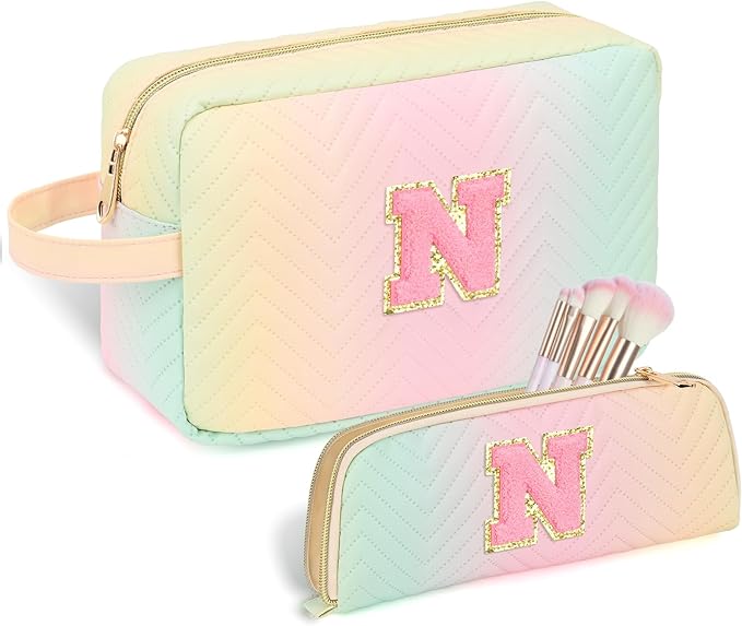 Sernaxi Personalized Initial Makeup Bag Waterproof Leather Cosmetic Bag Travel Toiletry Bag, Valentine’s Day Gift Makeup Organizer Case & Makeup Pouch for Women Teen Girls Mom Girlfriend Wife