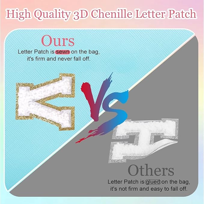 Small Personalized Letter Makeup Bag, Cute PU Leather Chenille Letters Cosmetic Bag Travel Makeup Pouch, Preppy Travel Organizer Zipper Pouch for Women&Girls（Blue-Q）