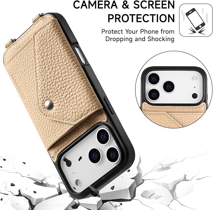 LUCKYCOIN Crossbody Phone Case for iPhone 17 Pro Max,100% Genuine Leather Phone Wallet Case for Women, Premium Hands-Free Phone Purse with Expandable Flip Card Holder & Adjustable Strap - Pebble Beige