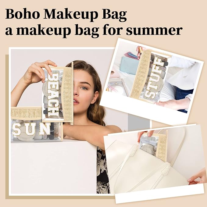 Small Boho Straw Clear Sun Makeup Bags for Women&Girls, Zipper Cosmetic Bag Chenille Varsity Letter Patch Bag, Preppy Cute Toiletry Pouch, Trendy Organizer Storage Bag for Beach Travel Essentials