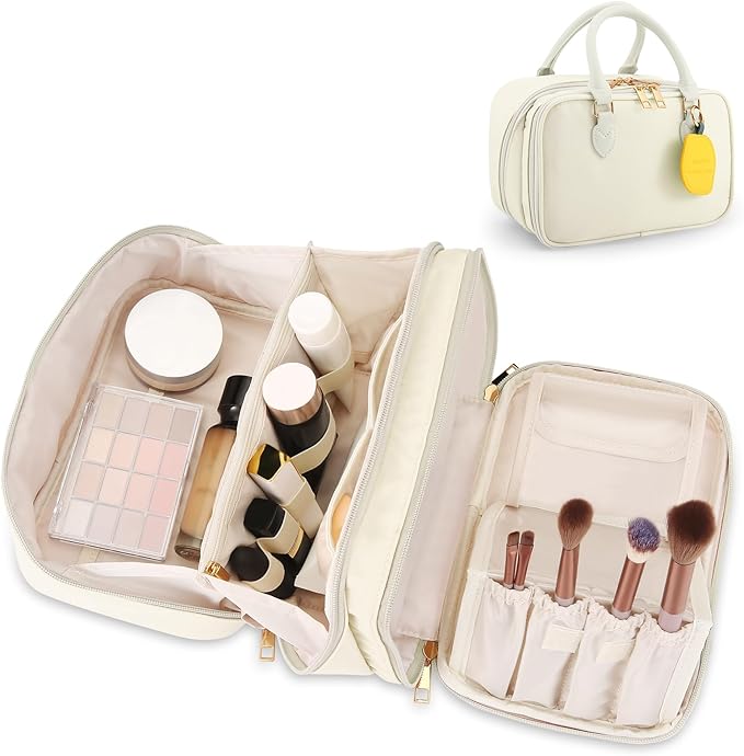 HauteHues Travel Makeup Bag for Women Stand Up Cosmetic Toiletry Case Beige