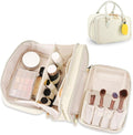 HauteHues Travel Makeup Bag for Women Stand Up Cosmetic Toiletry Case Beige