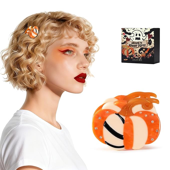 Small Halloween Hair Clips for Women Rhinestone Pumpkin Acetate Claw Clip
