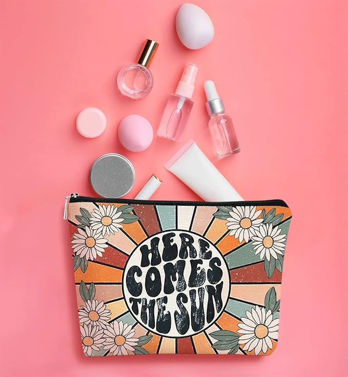 BARPERY Preppy Makeup Bags for Women,Trendy Retro Daisy Sunshine Makeup Bag Cute Floral Here Comes Summer Boho Inspirational Cosmetic Bag Gift for Teen Girls,Birthday Gifts for Women