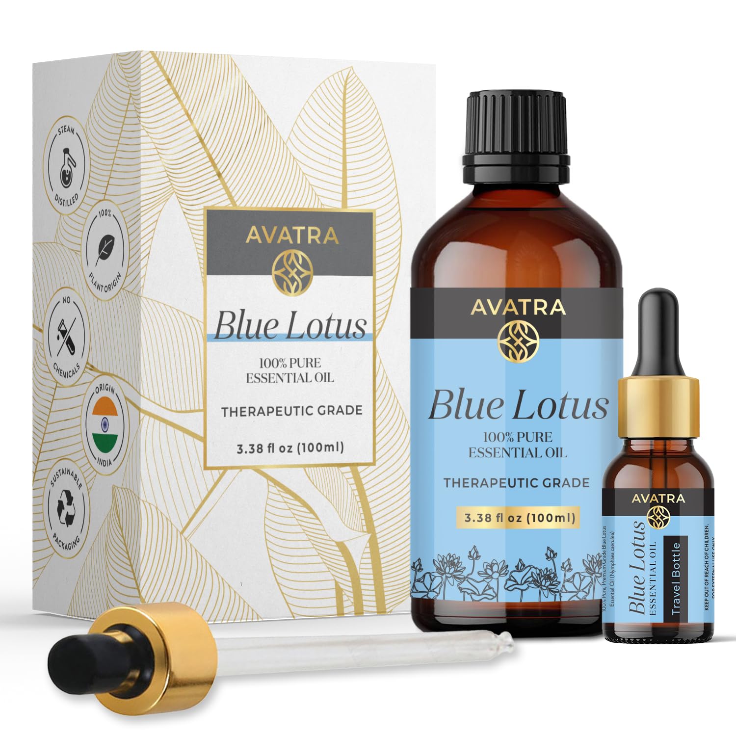 Avatra Blue Lotus Essential Oil for Diffuser, Skin & Candles | Natural & Undiluted Essential Oil | Aromatherapy, Soaps, Candles | Therapeutic Grade Essential Oil- 3.38 Fl Oz