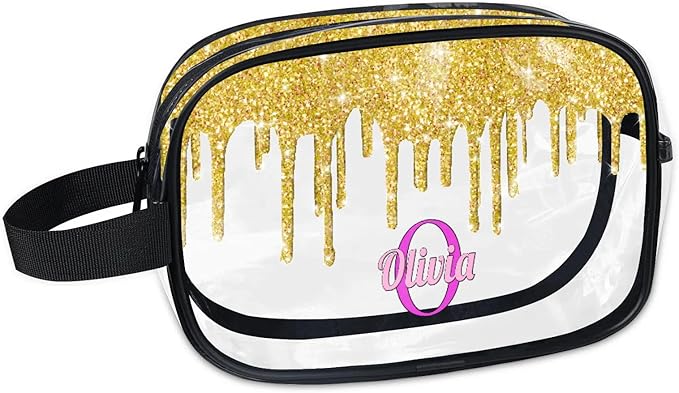 KFNHN Personalized Clear Makeup Bag with Name, Transparent Travel Cosmetic Bag for Women, Friends, Mother's Day, Bridesmaid, Bride, Wedding, Graduation, Yellow Glitters Water Fluid Shape Sequins
