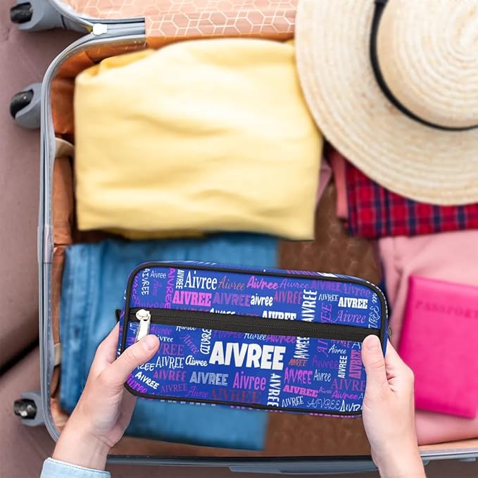 KFNHN Custom Name Makeup Travel Bag, Royal Blue Background Colorful Names