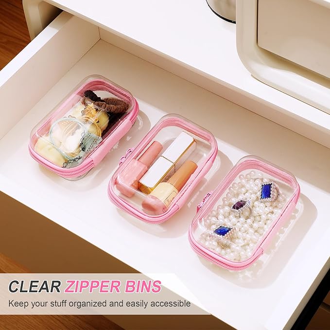 Hoolerry 3 Pcs Clear Hard Zipper Case Hard Plastic Zipper Pouch Makeup Bag Portable Travel Organizer for Cosmetics, Office Supplies, Documents & Toiletries(Pink,Xs)
