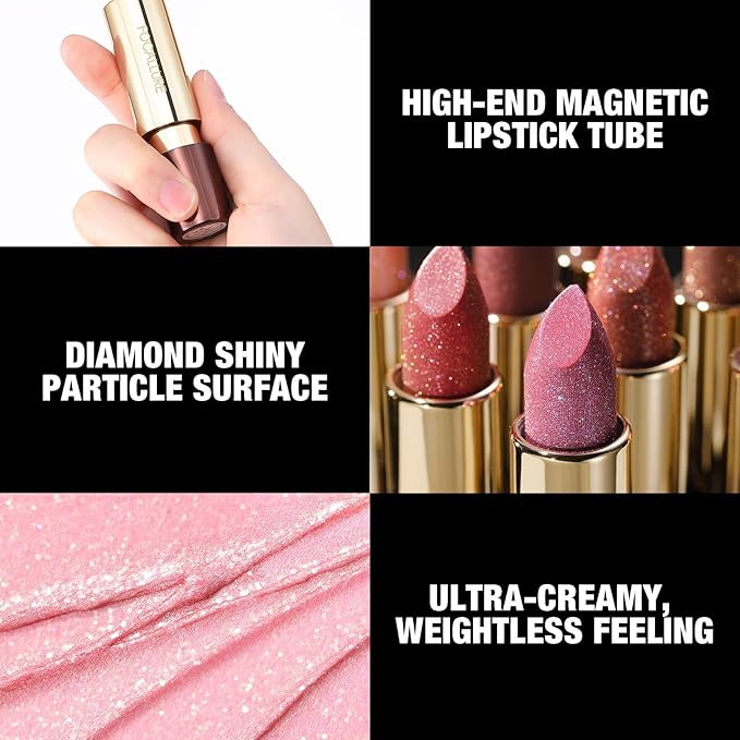 FOCALLURE Pink Glitter Lipstick for Women - Long-Lasting, Moisturizing, High Impact Shimmer Lip Color, SOUR SUGAR