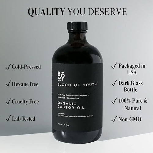 100% Pure Cold Pressed Organic Castor Oil, Glass Bottle 16oz | Hexane Free, Unrefined, USDA Certified | For Hair, Skincare, Castor Oil Pack, Face, Joints, Carrier Oil, Eyelashes, Eyebrows