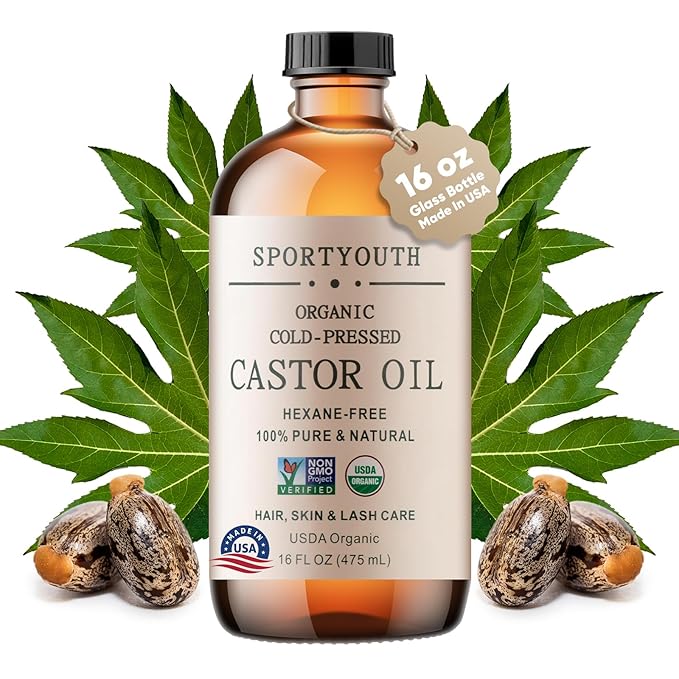 SPORTYOUTH USDA Organic Castor Oil Cold Pressed Hexane Free Glass Bottle