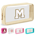 Small Clear Personalized Initial Makeup Bag,Nylon Preppy A-Z Chenille Letter Patch Cosmetic Pouch Beach Toiletry Bag,Waterproof Zipper Travel Purse Storage Bag Organizer for Women Girls(Beige-White M)