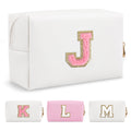 Small Personalized Initial A-Z Preppy Patch Makeup Bag,White PU Chenille Letter Travel Cosmetic Pouch with Zipper,Cute Toiletry Bag,Gift Ideal for Teen Girls Women Teacher Bridesmaid,Letter J