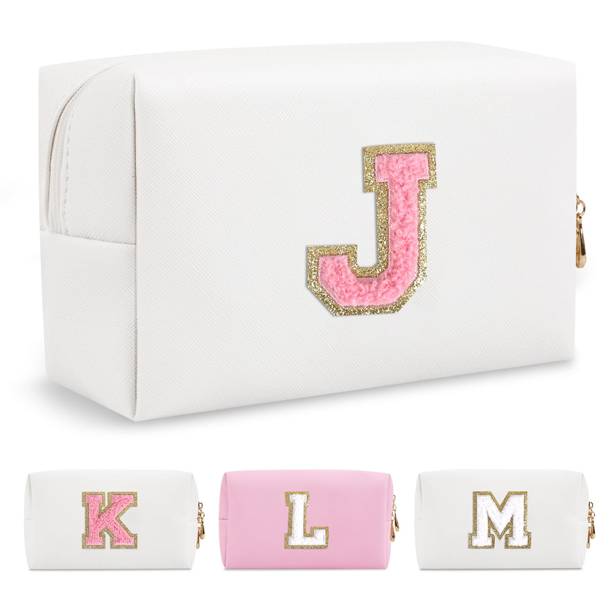 Small Personalized Initial A-Z Preppy Patch Makeup Bag,White PU Chenille Letter Travel Cosmetic Pouch with Zipper,Cute Toiletry Bag,Gift Ideal for Teen Girls Women Teacher Bridesmaid,Letter J