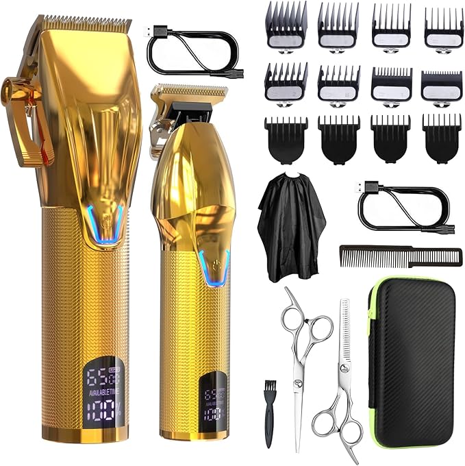 Dumite Cordless Hair Clippers for Men,Professional Hair Clippers Trimmer Kit,Barber Fading Clipper and Zero Gap T-Blade Trimmer Set with LED Display for Mens Gifts(Gold)