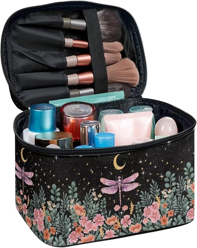 Drydeepin Dragonfly Floral Moon Pattern Makeup Bag Travel Cosmetic Bag with Zipper and Handle Portable Large Capacity Toiletry Case for Women Ladies Travel Accessories