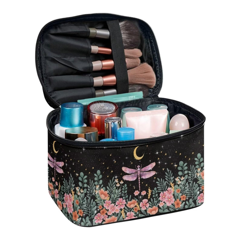 Drydeepin Dragonfly Floral Moon Pattern Makeup Bag Travel Cosmetic Bag with Zipper and Handle Portable Large Capacity Toiletry Case for Women Ladies Travel Accessories