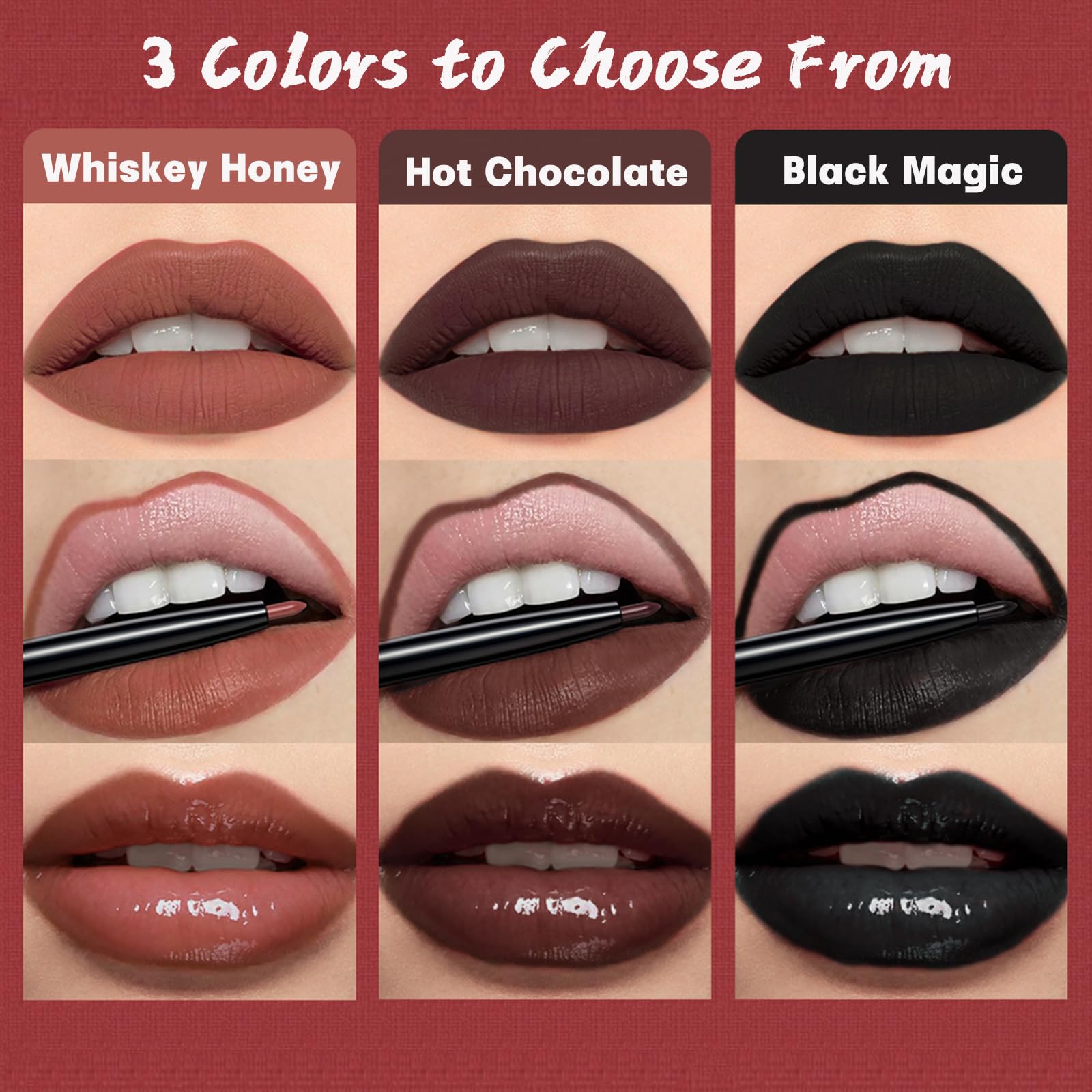 QiBest 3-in-1 Dark Red Lipstick Set for Women & Teen Girls, Matte Liquid Lipstick + Lip Gloss + Gel Lip Liner Pencil Trio Lip Gift Kit for 24 Hours Long Lasting & Waterproof Lip Makeup (Hot Chocolate)