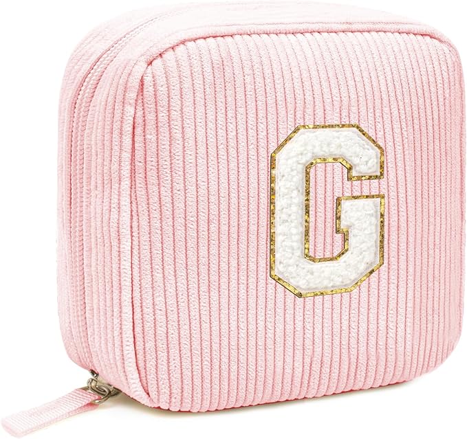 Cute Monogram Personalized Initial Makeup Bags - Cosmetic Pouch Monogram Pink Make Up Case Her Best Friend Friendship Sister Teacher, Birthday Gifts for Women (Letter G, Pink)