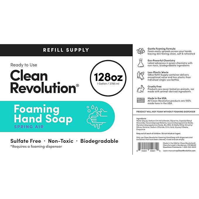 Clean Revolution Foaming Hand Soap Refill with Real Essential Oils, Moisturizing Sulfate-Free Hand Soap, Ready-to-Use Foam Soap Refill for Kitchen & Bathroom, Spring Air (128oz, 4 Pack)