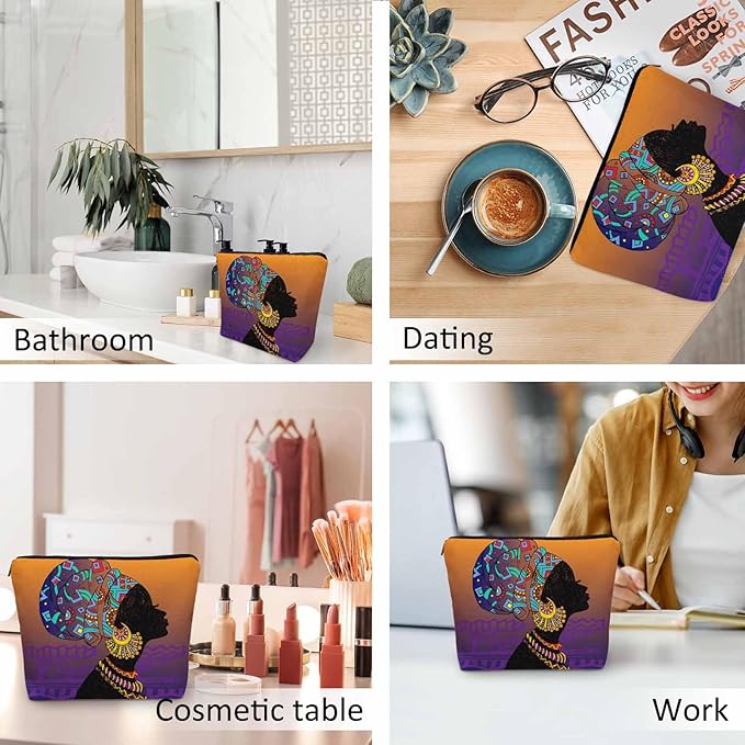 Kalygon Makeup Bag African Woman Makeup Bags For Purse Pouch, Traditional Black African Woman Travel Toiletry Bag Cosmetic Bag Makeup Bags Flax Makeup Organizer Bag Pencil Pouch For Man Woman