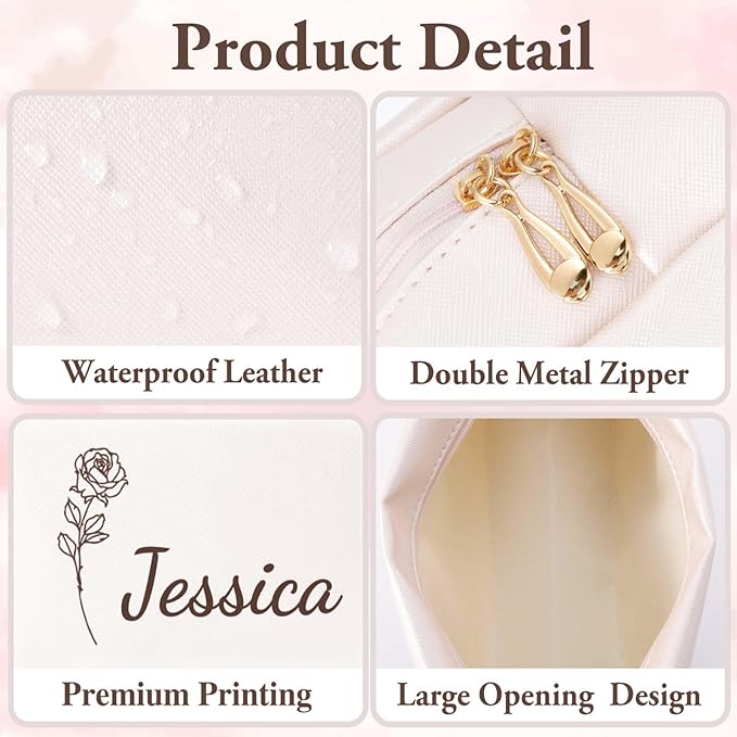 Fincekoom Personalized Makeup Bag with Name & Birth Flower, Custom Leather Cosmetic Bags for Women, Customized Travel Toiletry Bag Gifts for Bridesmaid Wedding