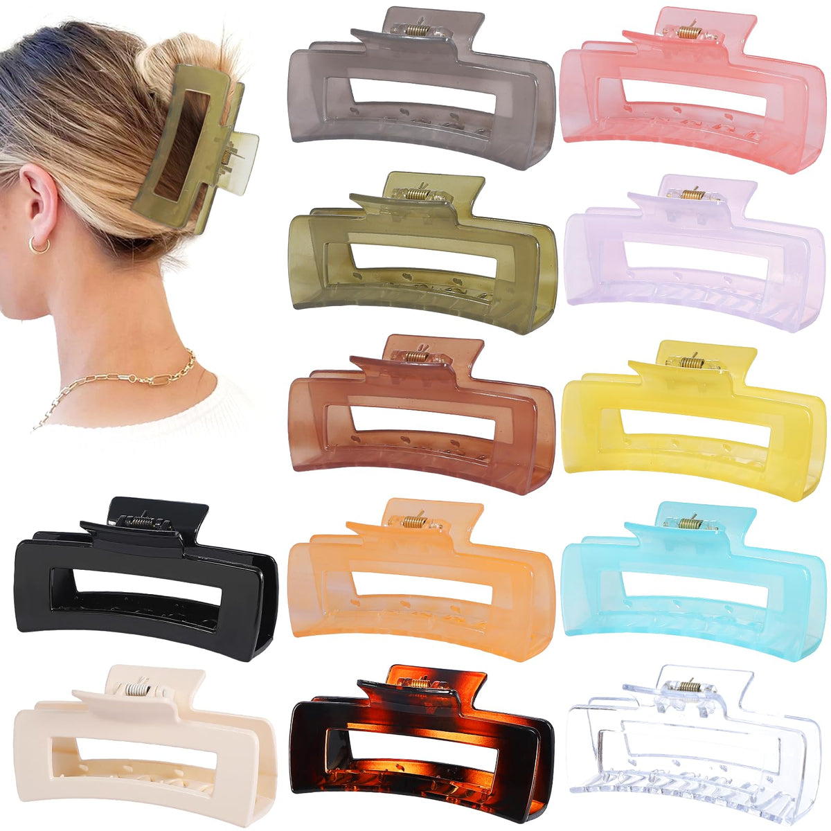 Sisiaipu 4.1 Inch Large Hair Claw Clips 12 Pcs Big Claw for Thick Hair Square Hair Clips Jumbo Jaw Clips Bulk Hair Accessories for women and Girls (Black)