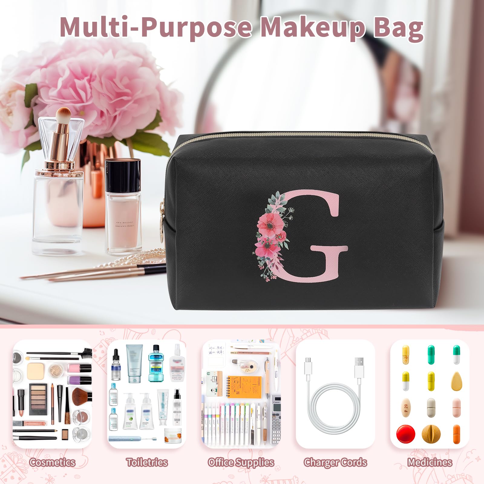 Initial Makeup Bag for Women, Travel Makeup Bag Small Cosmetic Bag, Birthday Gifts for Girls and Women, Teen Girls Gifts Trendy Stuff, Personalized Gifts for Grandkids Teacher Friends Bride Bridesmaid