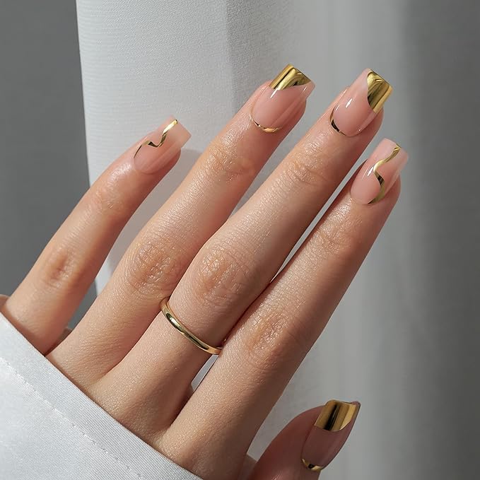 BTArtbox Press On Nails, Gold Leaf, Short Square, Gold Designed, 32Ct