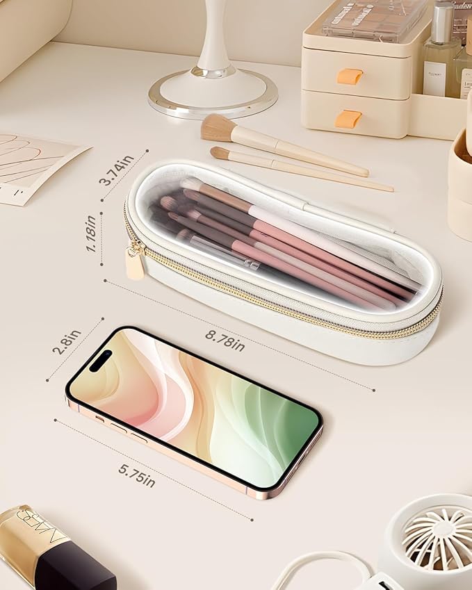 Soimeat Clear Travel Makeup Brush Holder, Leather Makeup Brush Toiletry Bag, Portable Cosmetic Brush Case, Transparent Waterproof Makeup Brush Storage Bag, White, Large