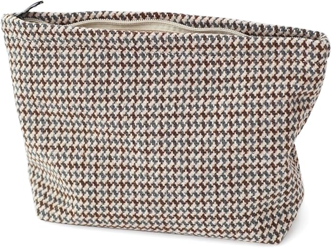 BBORGDC Large Capacity Plaid Tweed Makeup Bag - Travel Cosmetic Pouch & Toiletry Organizer with Zipper, Cloth Make Up Organizer for Daily Use, Gift for Women
