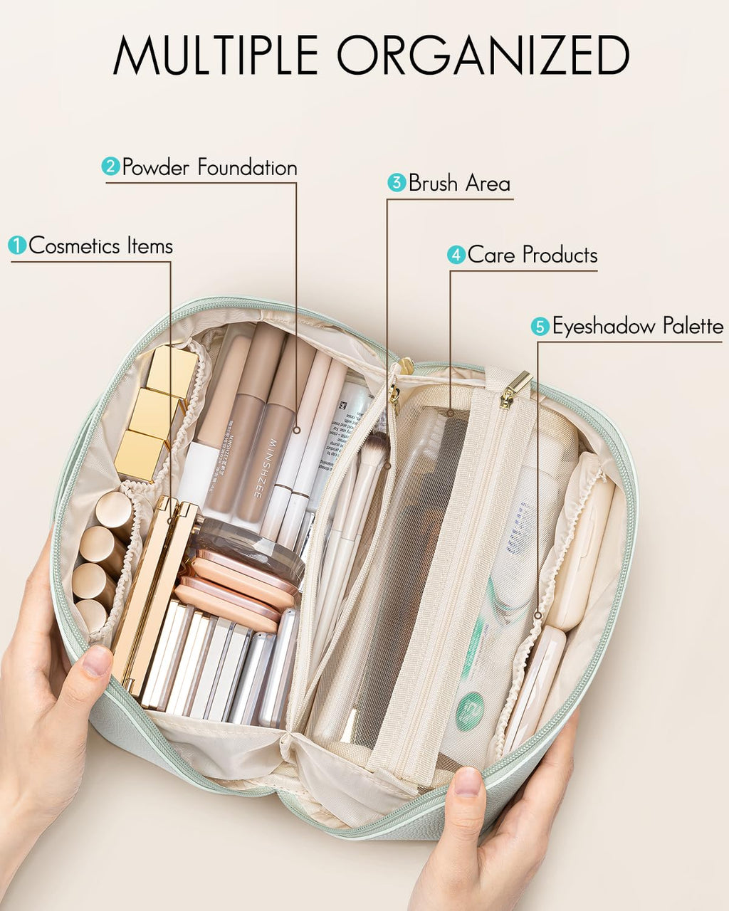 VLANDO Makeup Bag,Travel Toiletry Bag,Cosmetic Bag for Women PU Leather Portable Make up Bag for Skincare, Brushes & Travel Essentials-Mint Green
