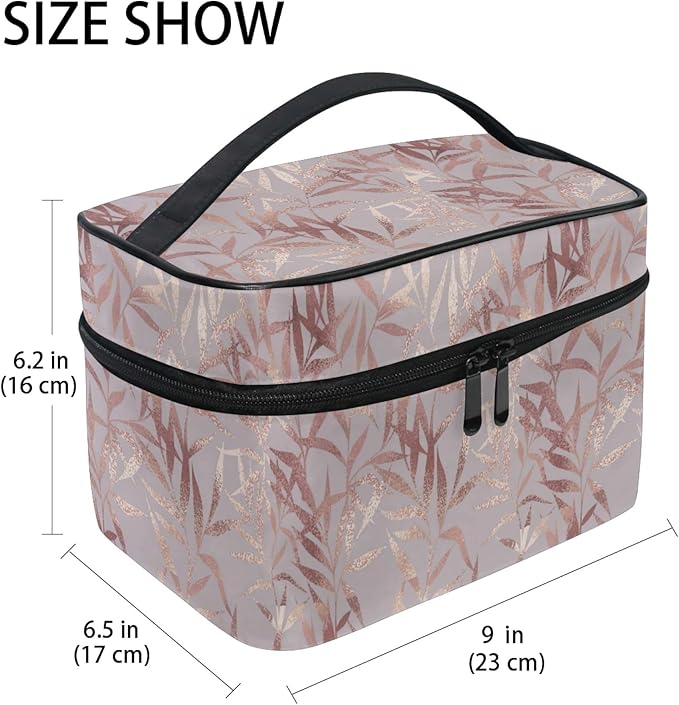 MNSRUU Makeup Bag, Rose Gold Leaves Travel Makeup Organizer Bag Cosmetic Cases Toiletry Bags for Girl Women Ladies