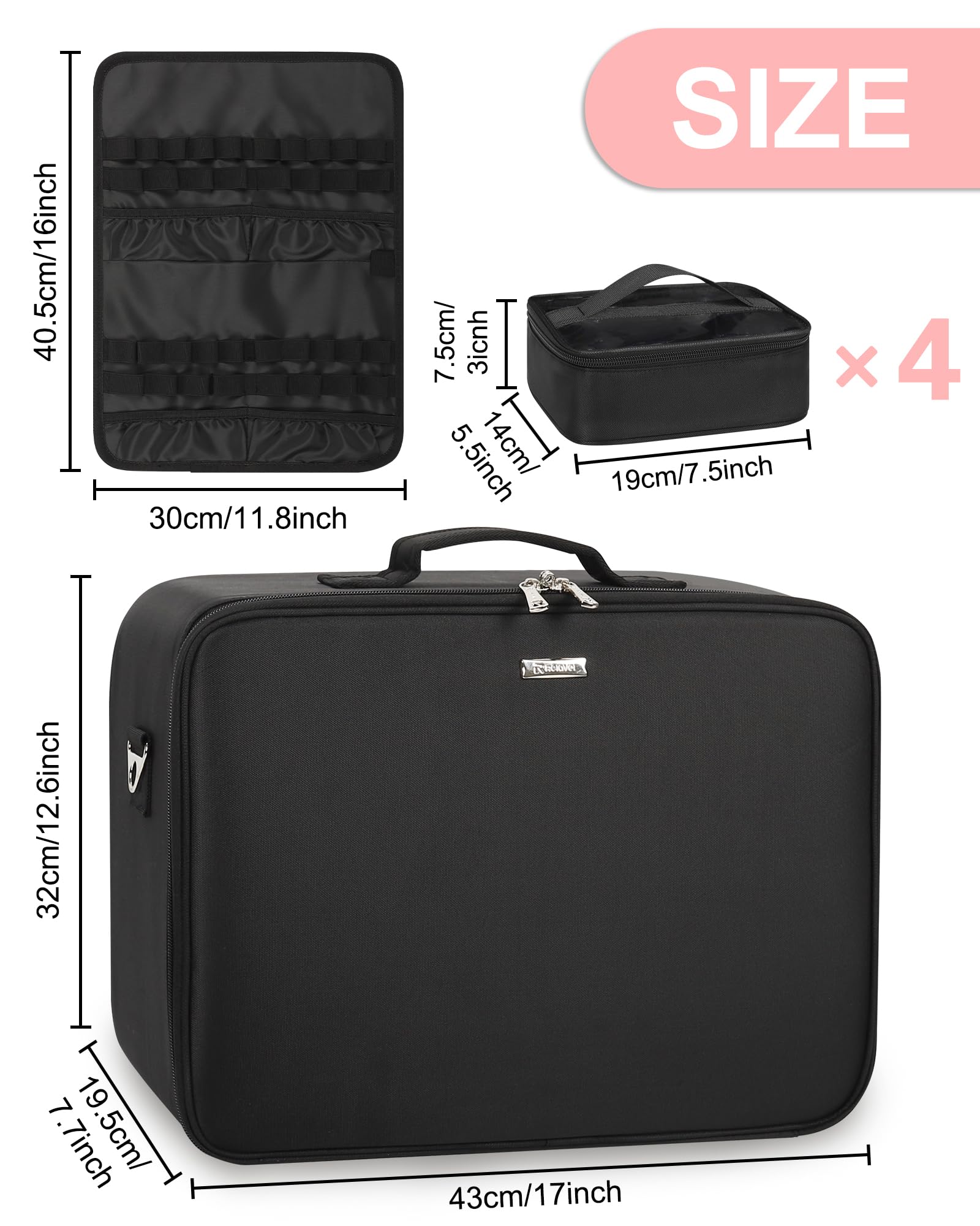 Relavel Extra Large Cosmetic Case, Travel Makeup Bag with 4 Clear Pouches & Lipstick Plate, Portable Cosmetic Case Storage Organizer Box for Makeup Artists with Shoulder Strap & Adjustable Dividers