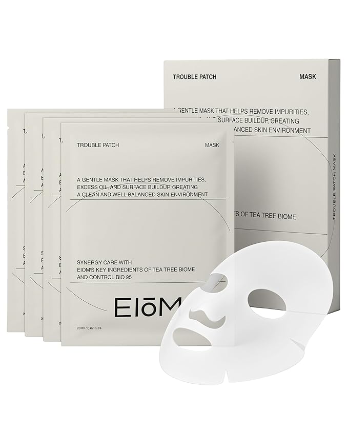 EIOM Trouble Patch Mask – Full Face Sheet Mask for Acne-Prone Skin | Sebum-Absorbing Oil Control, Pore Purifying, Tea Tree Biome, Korean Skincare Acne Face Mask, Hydrocolloid-Infused Sheet (20ml x 4)