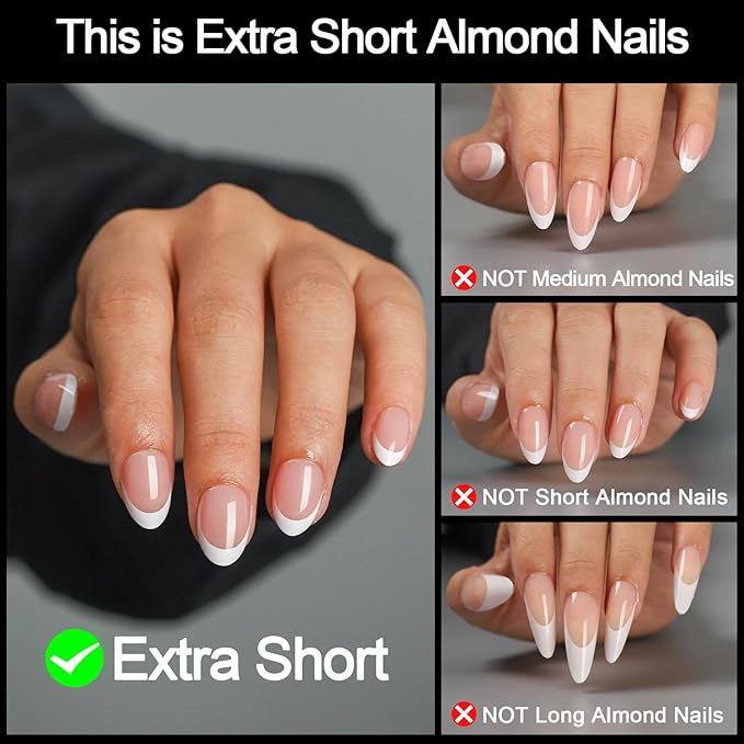 LY LANYOS 16 size white french tip almond press on nails for women,32 pcs super short petite oval nails with glue and stick ，nude french