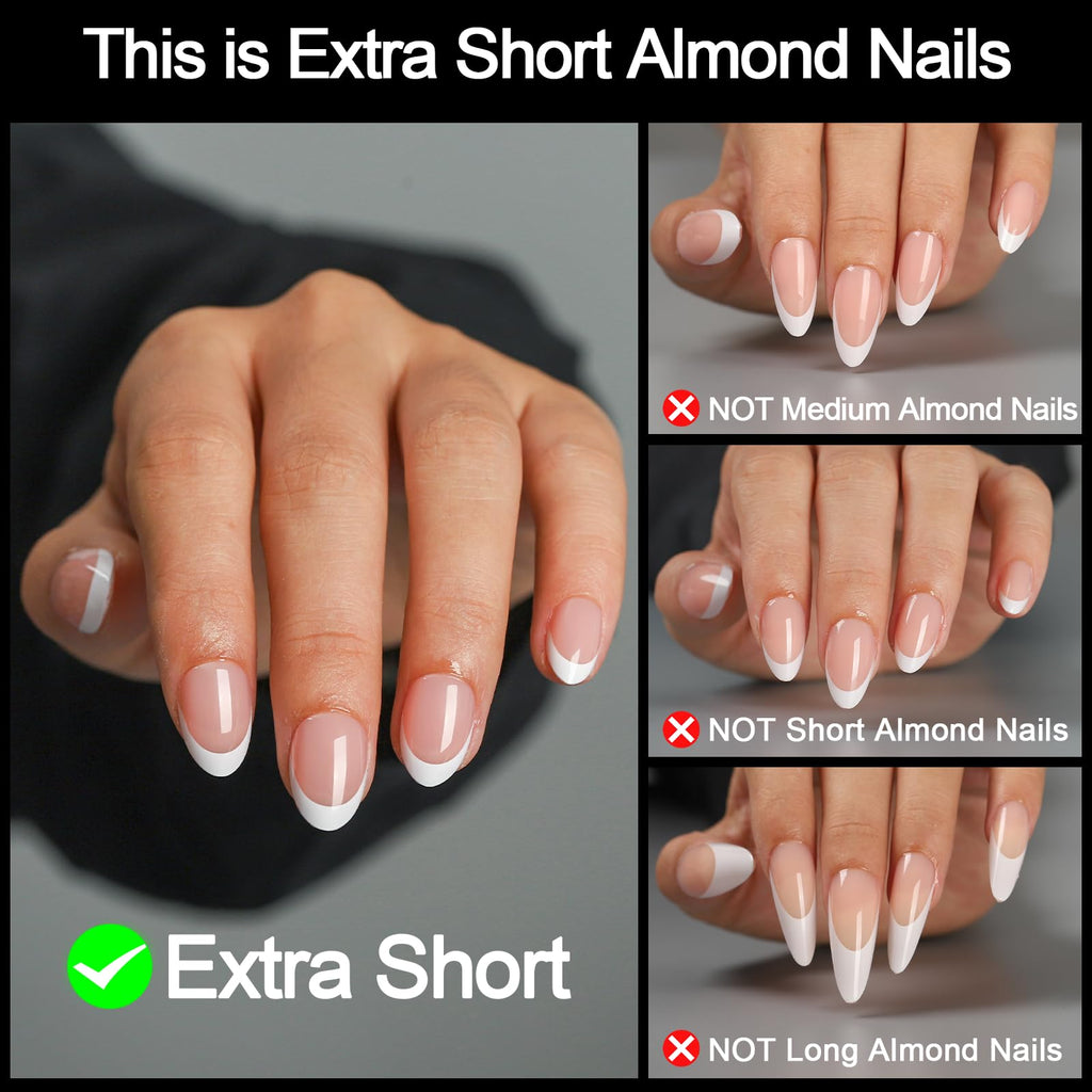 LY LANYOS 16 size white french tip almond press on nails for women,32 pcs super short petite oval nails with glue and stick ，nude french