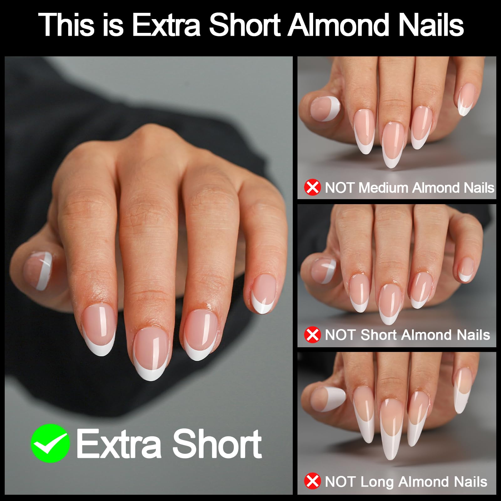 LY LANYOS 16 size white french tip almond press on nails for women,32 pcs super short petite oval nails with glue and stick ，nude french