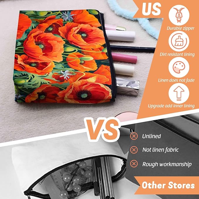 Scribesense Cosmetic Bags Travel Makeup Toilet Case Waterproof Pouch for Women Girls 6.7X9.45inches - Vibrant Orange Poppies With Greenery