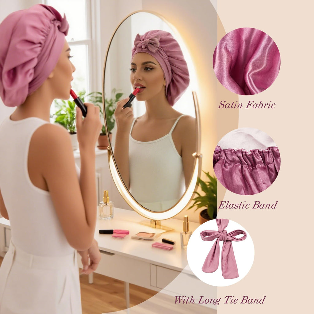 YOHTAS Satin Hair Bonnet for Sleeping Women, Double Layer Silk Bonnets for Women with Tie Band, for Braids Curly Long Hair