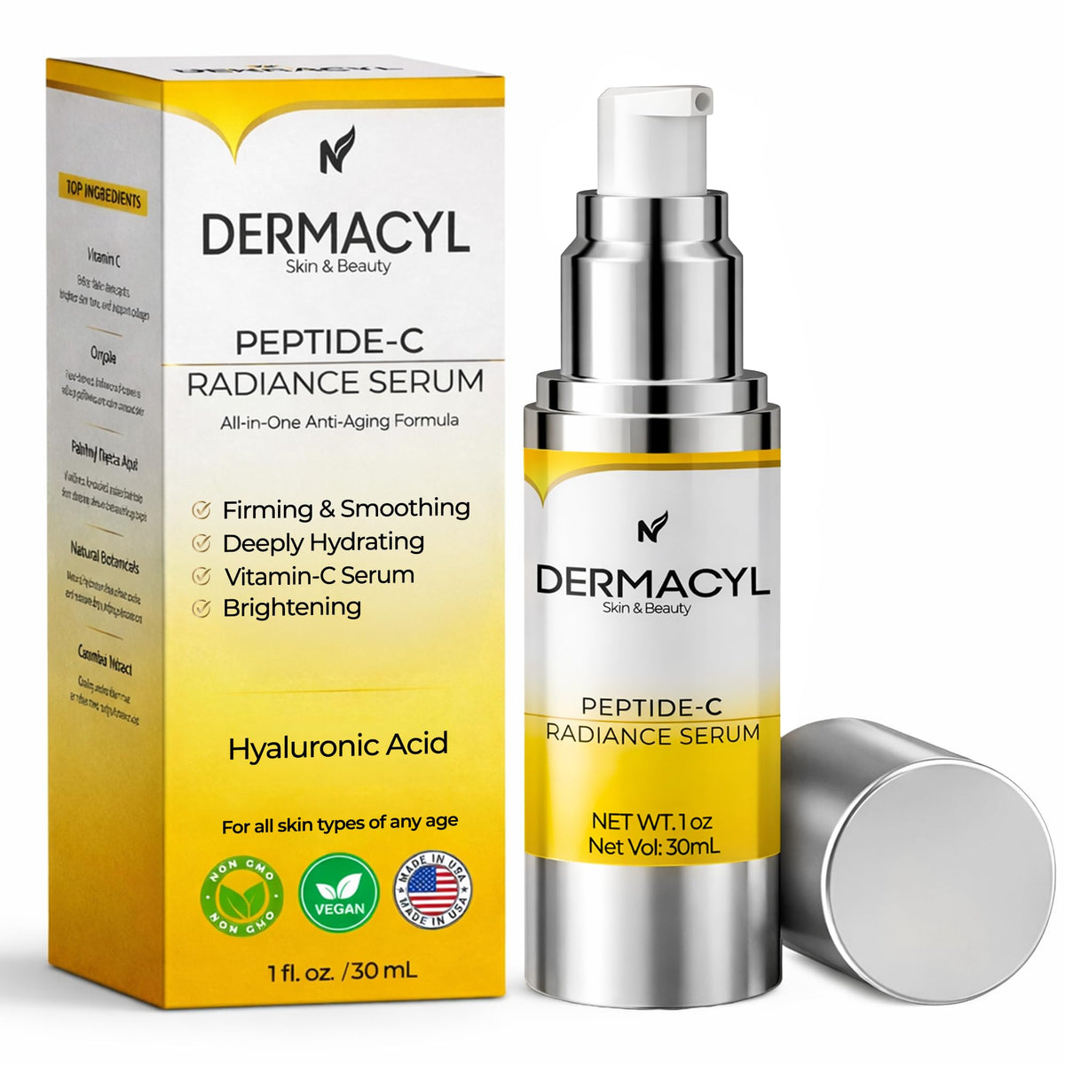 Dermacyl Vitamin C Serum for Face - Peptides C Serum with Hyaluronic Acid - All-in-One Vitamin Formula for Anti Aging, Hydration, Firms, Lifts, Targets Age spots - Fine Lines & Wrinkles