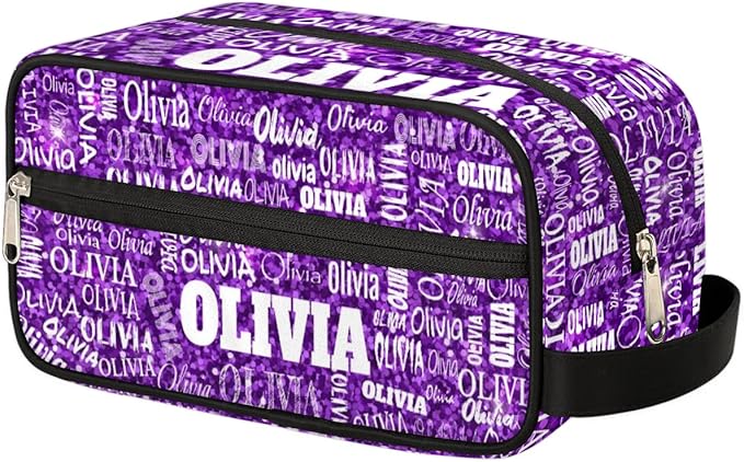 Personalized Makeup Bag with Name Toiletries Purple Glittering Sequins