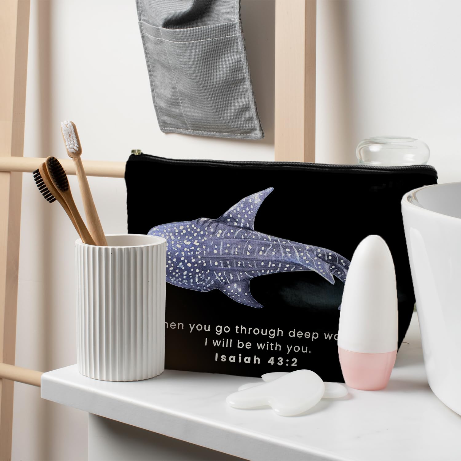 RYYCDOI Whale Shark Christian Makeup Bag Pouch, Christian Shark Gifts for Women, Bible Verse Gifts Isaiah 43:2, When you go through deep waters I will be with you(black)